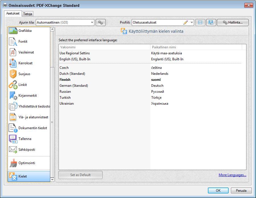 14 PDF-XChange ja Editor 7.0 2.1 Käyttöliittymän kieli PDF-XChange on käännetty monelle kielelle. Välilehdessä Kielet (Languages) voit valita käyttöliittymän kielen.