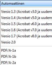salaustasoon. Jos olet varma, että kaikilla käyttäjillä on käytössään uusin katseluohjelmaversio (Acrobat 8 tai uudempi, PDF-XChange Editor), kannattaa valita taso 1.7.