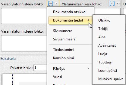 Tiedostojen sisällön käsittely 157 2. Jokaisen lohkon kohdalla on painike, josta voit valita valmiita vaihtoehtoja tunnisteeseen. Alivalikoista voit määrittää esimerkiksi päiväyksen muotoilun.