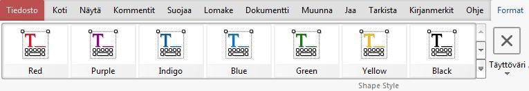 Kommentit ja merkinnät 191 Kun napsautat valituksi kirjoituskonetekstin ruudun, voit vaihtaa taustan ja äärivärin (Fill Color, Stroke Color). Lisäksi voit mm.