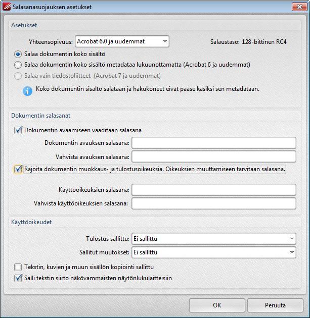 228 PDF-XChange ja Editor 7.0 Salaustaso ja suojausvaihtoehdot riippuvat Acrobat-yhteensopivuusvalinnasta (Compatibility). Acrobat 3.