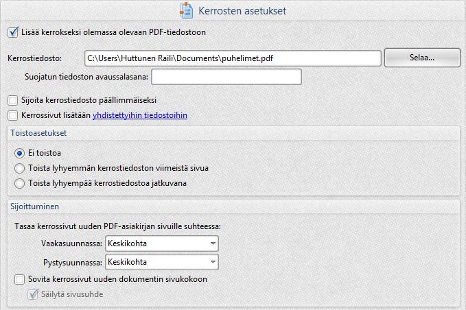 PDF-asetukset 33 1. Merkitse ruutu Lisää kerrokseksi olemassa olevaan PDF-tiedostoon (Overlay with an existing PDF File). Toiminto aktivoituu. 2.