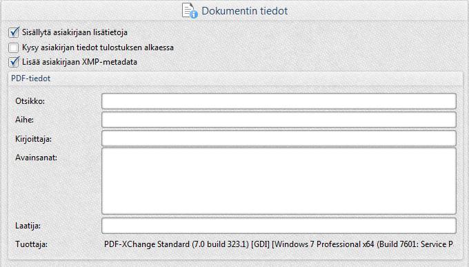PDF-asetukset 45 2.12 Dokumentin tiedot Asiakirjan tekijä voi halutessaan liittää PDF-XChangella luotuun asiakirjaan tietoja itsestään tai asiakirjan sisällöstä.