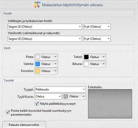 Perusteet 81 Käyttöliittymän mukauttaminen Välilehdellä Käyttöliittymän mukauttaminen (Customize UI) voit vaihtaa mm. valikkojen ja valintaikkunoiden fonttia ja kokoa.