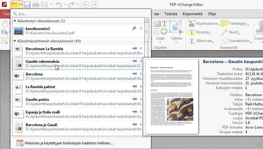 82 PDF-XChange ja Editor 7.0 2 Tiedostojen hallinta Nauhaliittymässä tiedostojen hallinnan komennot löytyvät pikatyökaluista ja Tiedosto (File) -välilehdeltä.