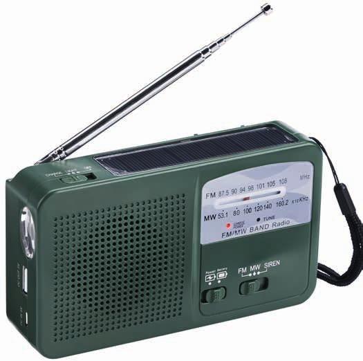 SE NÖDRADIO INTRODUKTION Kombinerad radio, siren, laddare och ficklampa som drivs med solceller, dynamo, USB-kabel eller batteri. Radio för FM 7,5-10 MHz och MW 50-150 khz. Laddar en USB A enhet.