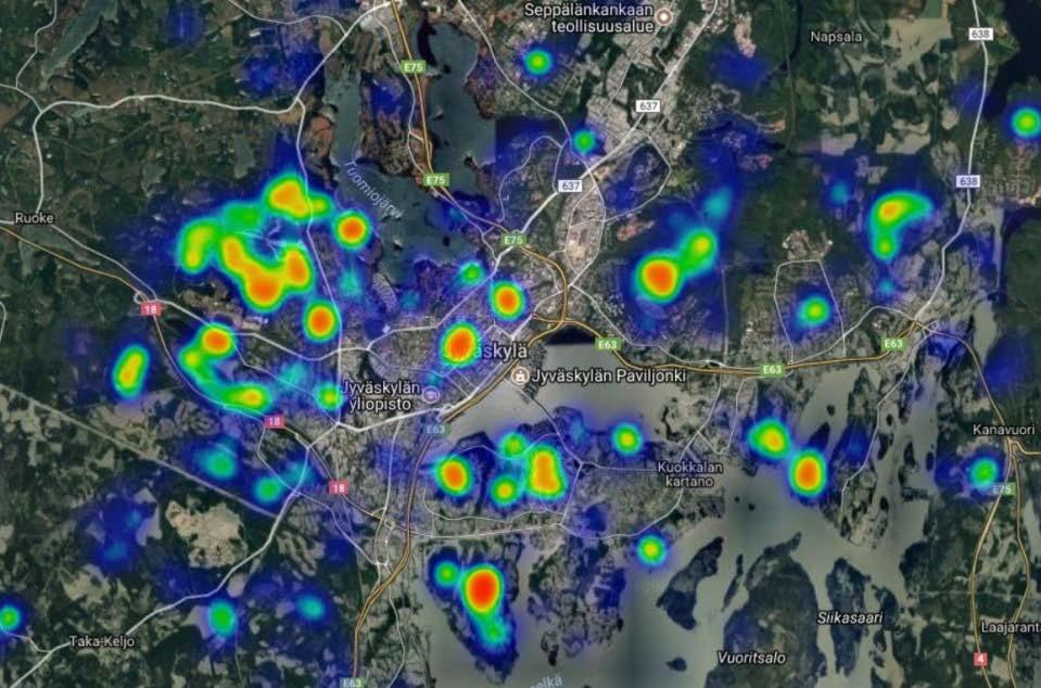 Metsäohjelman asukaskyselyn tuloksista laadittu kartta-analyysi asukkaiden rentoutumiseen ja stressistä palautumiseen käyttämistä metsistä keskustaajaman alueelta.