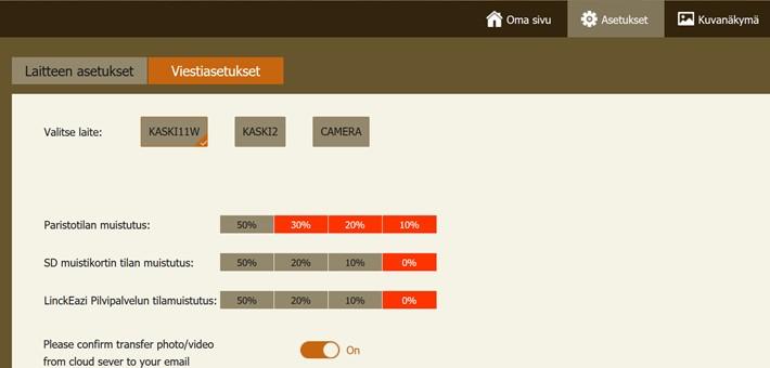 LinckEazi pilvipalvelun Viestiasetuksista pääset muuttamaan kameroittain paristotilan muistutuksen sekä jos haluat että kamera lähettää kuvat pilvipalvelun lisäksi myös valitsemiisi sähköposteihin.