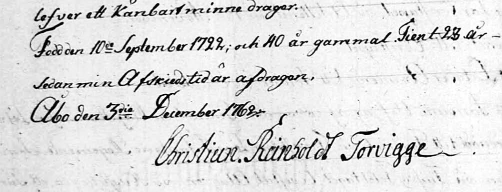 Mikä on Christian Reinhold Torwiggen oikea syntymäaika? Christian Reinhold Torwiggen todetaan Kansallisarkistosta löytyvän ansioluetteloyhteenvedon mukaan syntyneen 10.9.1722: Född den 10. Sept: 1722.