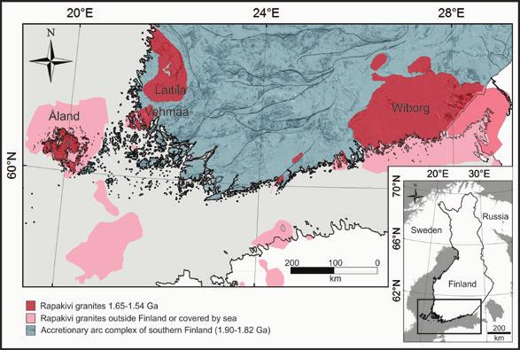 GEOTECHNICAL REPORT 10 Figure 1. Major rapakivi granite batholiths in Finland. Modified from Karell (2013). Kuva 1. Merkittävimmät rapakivigraniittialueet Suomessa. Karellia (2013) mukaellen.