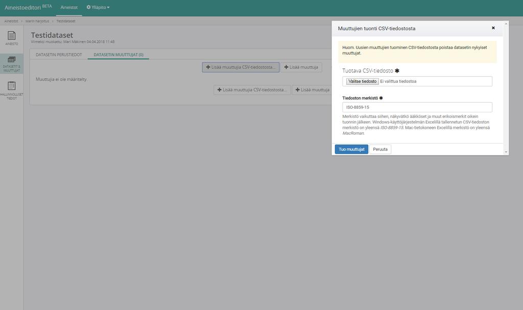 Muuttujatietojen tuonti editoriin CSV-tiedostosta ei tuoda dataa, vaan