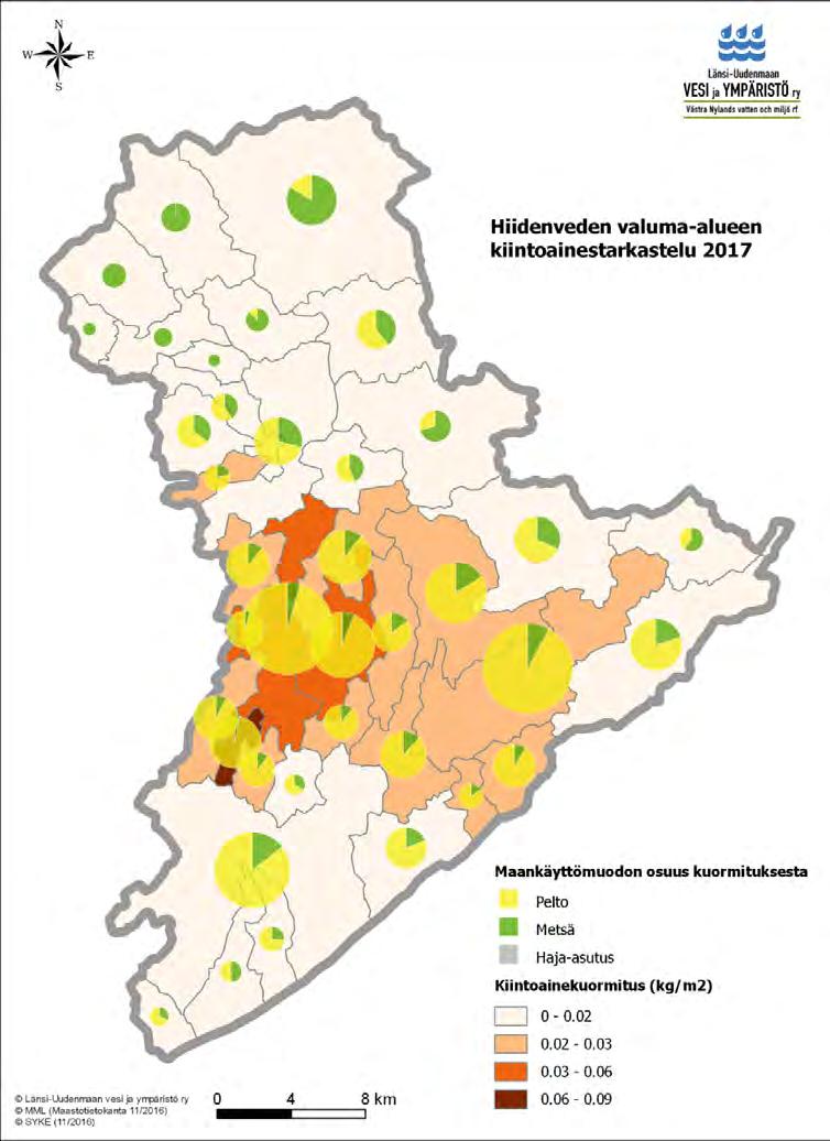 Kuva 44. Hiidenveden valuma-alueen kiintoaineskuormituksen kokonaistarkastelu vuodelta 2017 (tammi-lokakuun aineistojen perusteella).