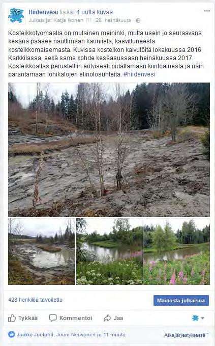 Kuva 67. Hankkeen toimenpiteistä viestittiin sosiaalisessa mediassa monipuolisesti. 3.7.1 Hiidenvesi-ilta Hiidenvesi-iltaan saapui 1.3. yli 50 kuulijaa: paikallisia asukkaita, mökkiläisiä, maanviljelijöitä ja kuntien virkamiehiä (kuva 68).
