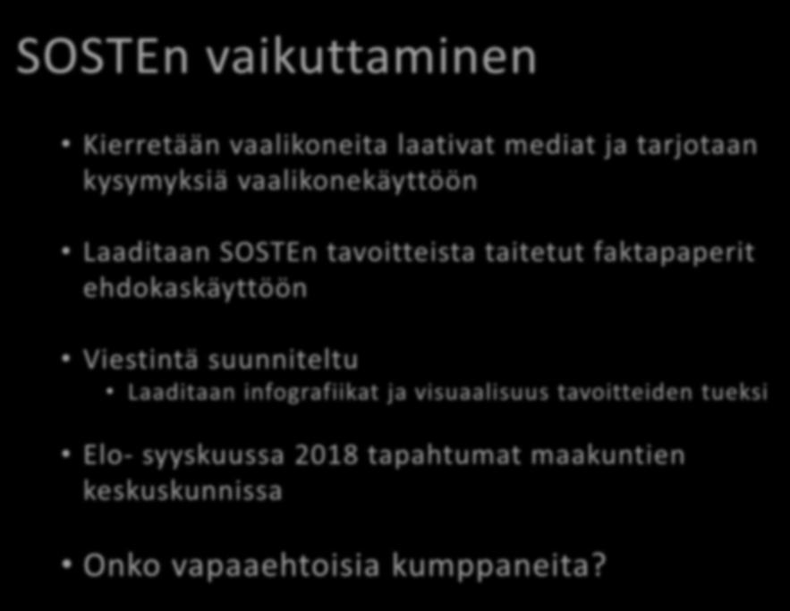 SOSTEn vaikuttaminen Kierretään vaalikoneita laativat mediat ja tarjotaan kysymyksiä vaalikonekäyttöön Laaditaan SOSTEn tavoitteista taitetut faktapaperit ehdokaskäyttöön