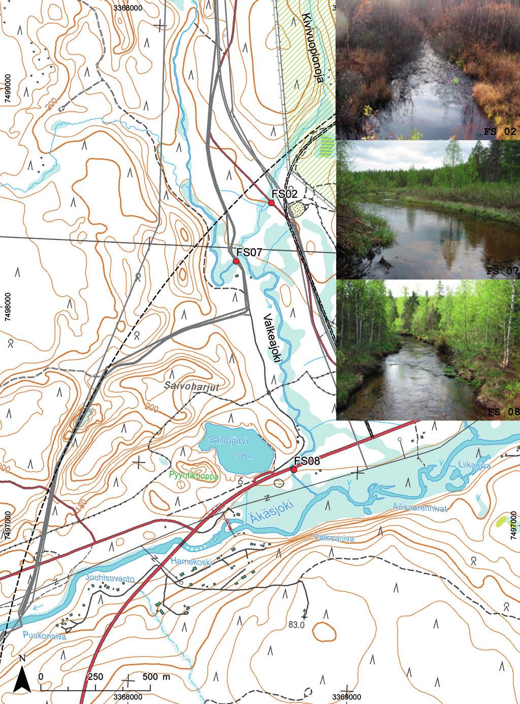 3.8.4.4 Valkeajoki ja Kivivuopionoja Valkeajoen tarkkailupisteet ovat (Kuva 1-8-12): jokisuussa () ja heti Kivivuopionojan suun yläpuolella ().