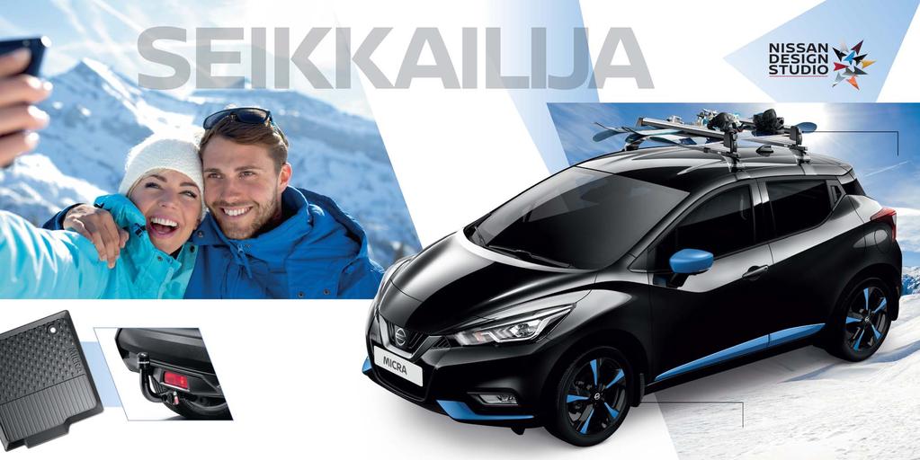 MICRALLE SUKSITELINE 6 PARILLE KE738-99996 KUMIMATTOSARJA KE748-5F001 Yhdistä Nissan MICRAan Enigma Black -metalliväri ja Power Blue Exterior Pack Plus ja suuntaa vuorille.