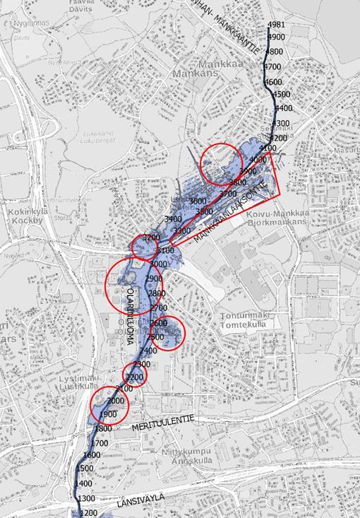 ylivirtaama, jota käytettiin suunnitteluperusteena: nykytila 13 m³/s, tuleva 16,8 m³/s Tulvan leviäminen Mankkaanlaaksontien ympäristössä 4.9.