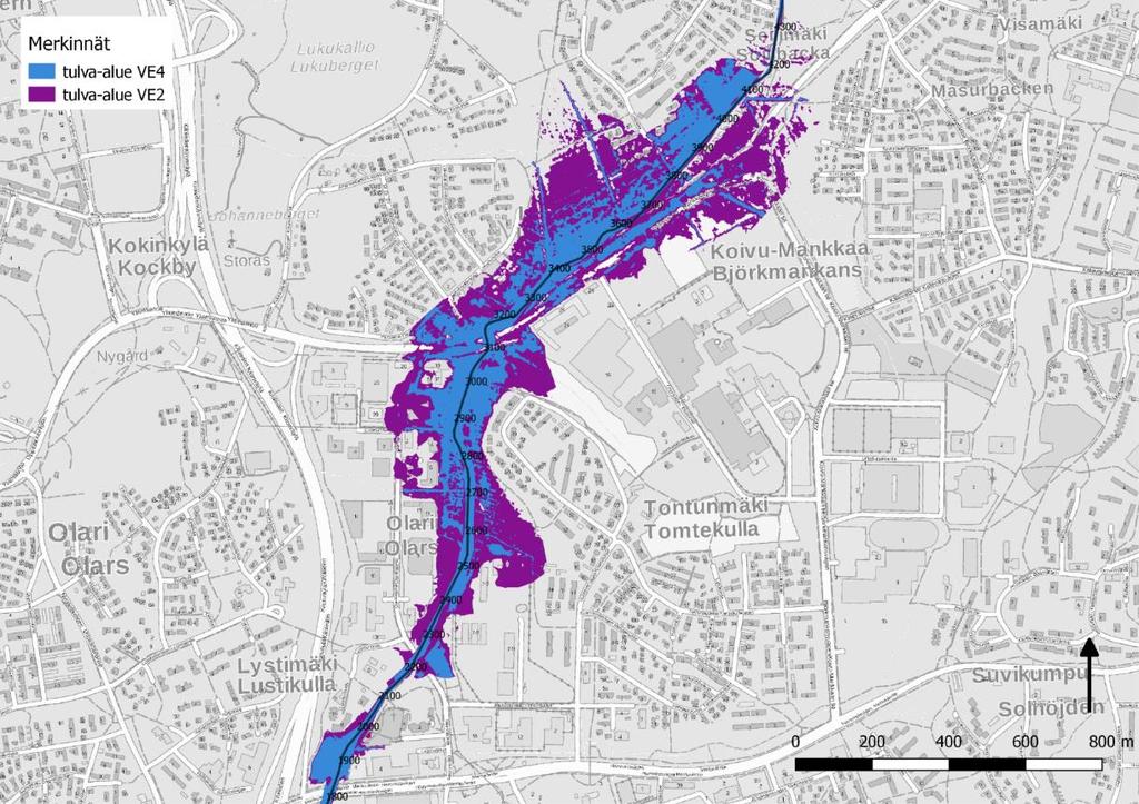 Toimenpidevaihtoehtojen VE2 ja VE4 tulvakartta Tulvakorko Seilimäki VE2: +2,58 m VE4: +2,38 m Tulvakorko Olarinluoma (ylä) VE2: +2,41 m VE4: +2,13 m Tulvakorko Mankkaanlaaksontie VE2: +2,45 m