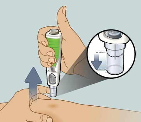 Pistä annos Pistä koko annos: o Paina injektionappia kerran (painettaessa kuuluu naksahdus, joka osoittaa injektion alkaneen)