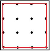 sivu 11 / 13 Jos keskelle valitaan luku 7, ovat summat 2 + 6 = 8 ja 3 + 5 = 8, eli onnistuu. 18. Paperiarkille on piirretty 16 pistettä. Pisteiden välit ovat yhtä suuret vaakasuoraan ja pystysuoraan.