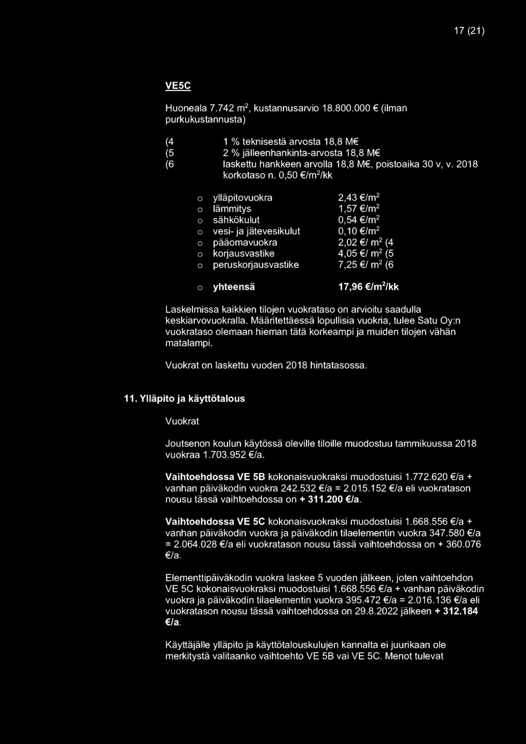 0,50 /m 2 /kk o o o o o o o o ylläpitovuokra lämmitys sähkökulut vesi- ja jätevesikulut pääomavuokra korjausvastike peruskorjausvastike yhteensä 2,43 /m 2 1,57 /m 2 0,54 /m 2 0, 10 /m 2 2,02 / m 2 (4