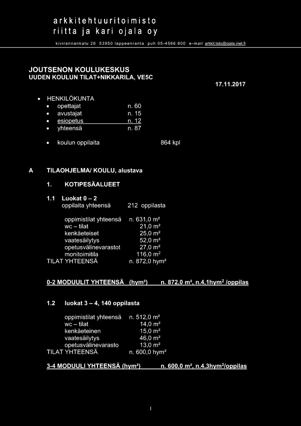 1 Luokat 0-2 oppilaita yhteensä oppimistilat yhteensä WC- tilat kenkäeteiset vaatesäilytys opetusväl i nevarastot monitoimitila TILAT YHTEENSÄ 212 oppilasta n.