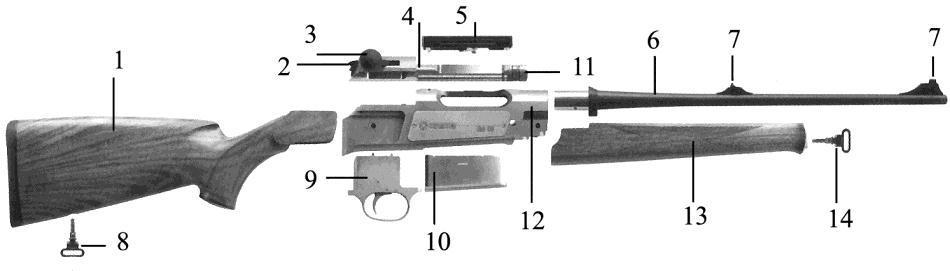 STRASSER RS 05 4(12) STRASSER RS 05 9(12) PÄÄOSAT AVOTÄHTÄIMET 1 Tukki, 2 Varmistin, 3 Lukkotappi, 4 Lukko, 5 Kiikarijalka, 6 Piippu, 7 Avotähtäimet, 8 Hihnalenkki, 9 Laukaisukoneisto, 10 Lipas, 11