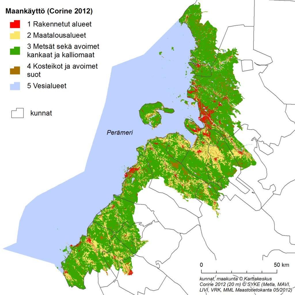 Kuva 2-3. Corine 2012 -aineiston mukainen maankäyttö rannikolla 60 metrin korkeuskäyrän alapuolisella alueella.