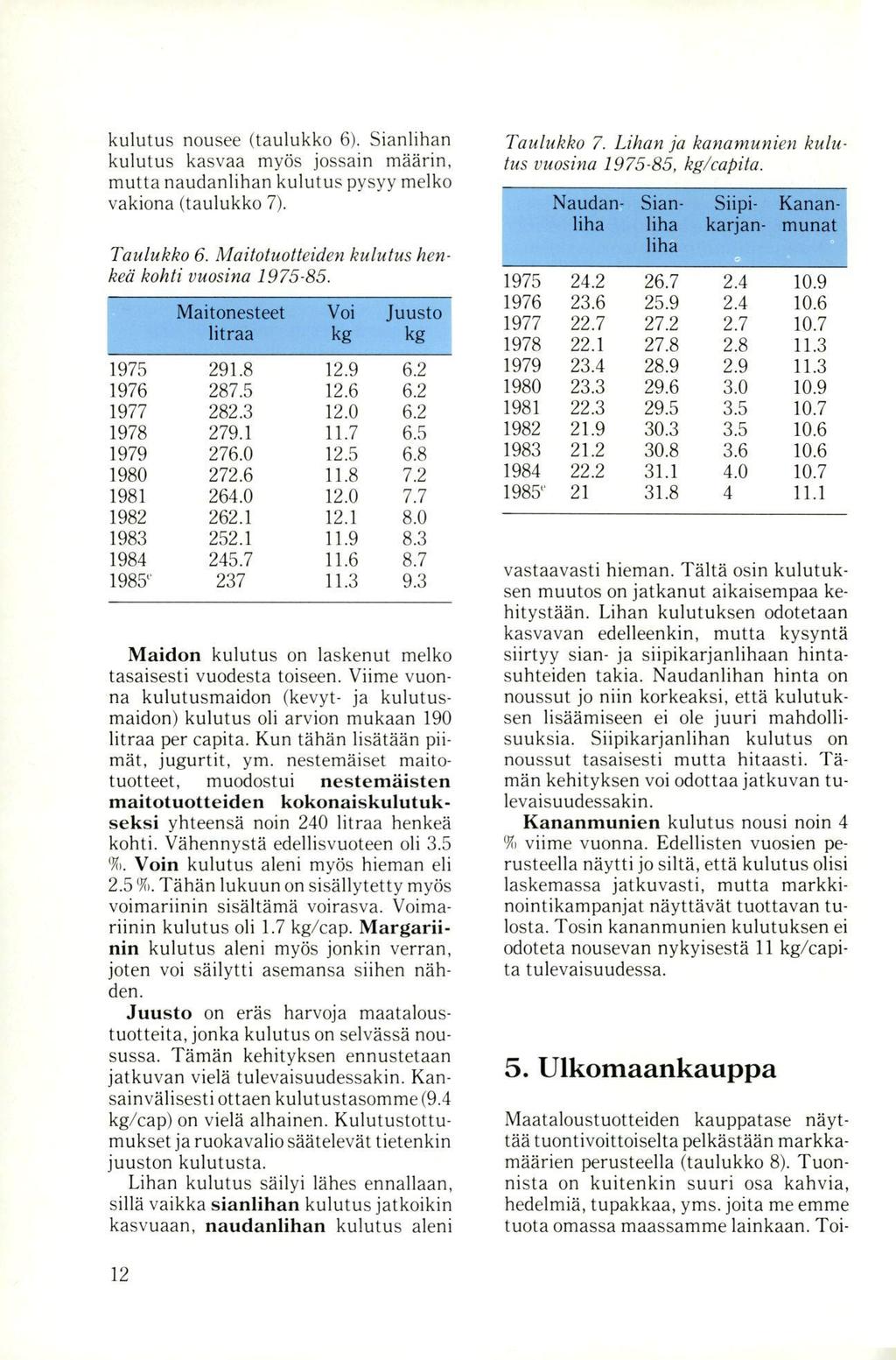 kulutus nousee (taulukko 6). Sianlihan kulutus kasvaa myös jossain määrin, mutta naudanlihan kulutus pysyy melko vakiona (taulukko 7). Taulukko 6. Maitotuotteiden kulutus henkeä kohti vuosina 1975-85.