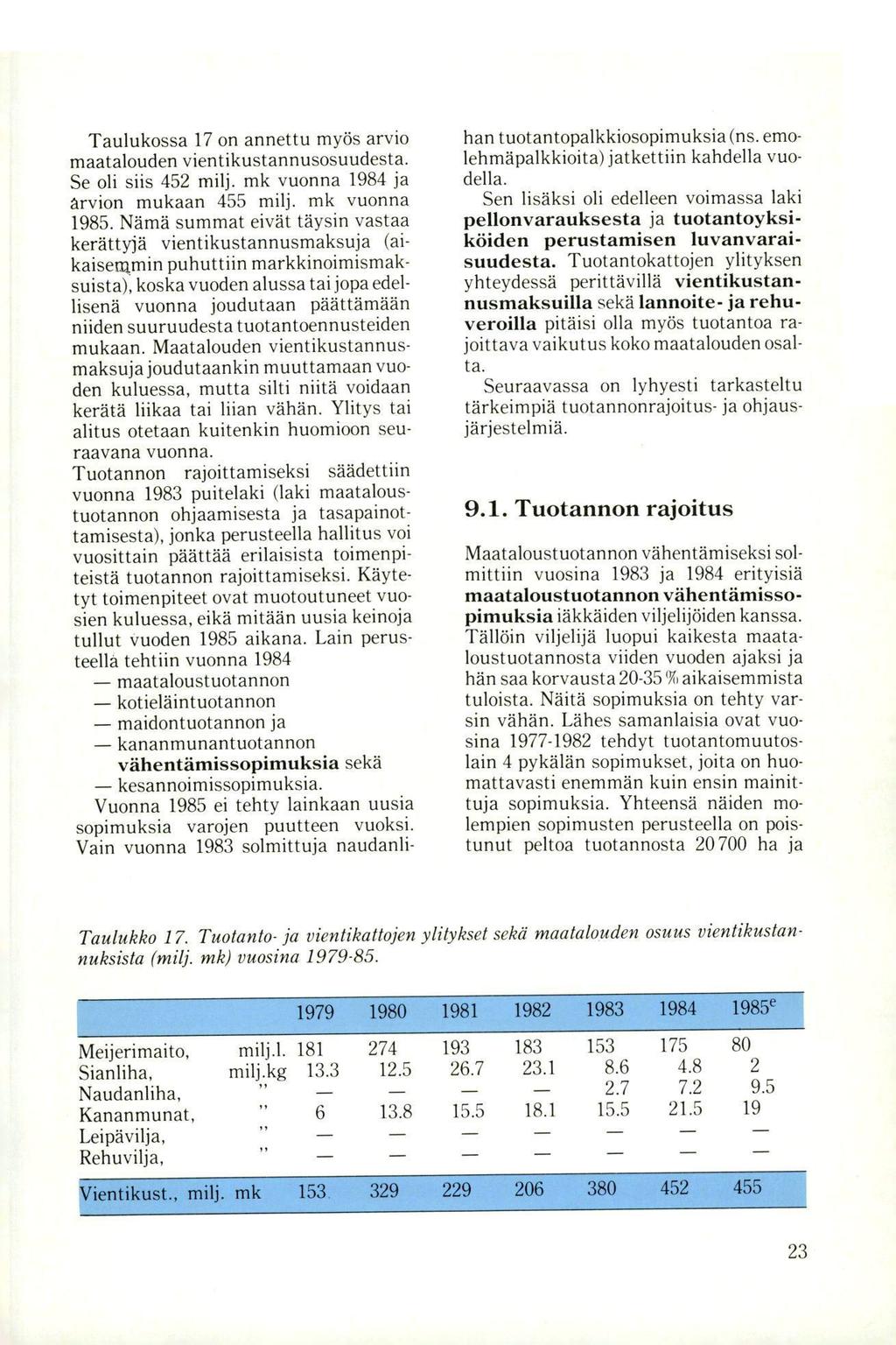 Taulukossa 17 on annettu myös arvio maatalouden vientikustannusosuudesta. Se oli siis 452 milj, mk vuonna 1984 ja ärvion mukaan 455 milj, mk vuonna 1985.