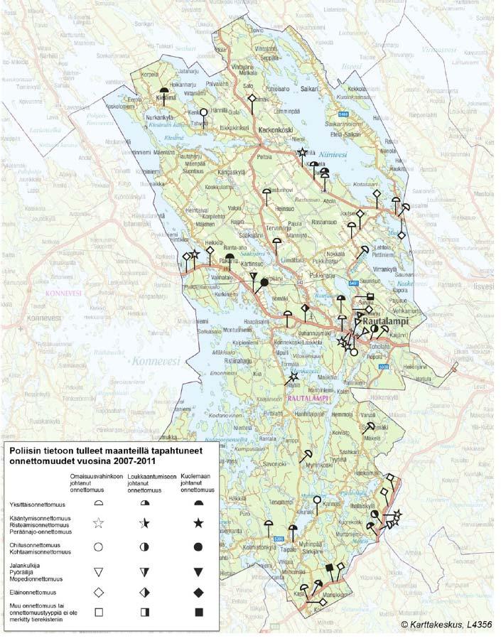 Kartta 9. Rautalammin maanteillä vuosina 2007 2011 tapahtuneet liikenneonnettomuudet. Kuopion seudun liikenneturvallisuussuunnitelma 2013, 12.