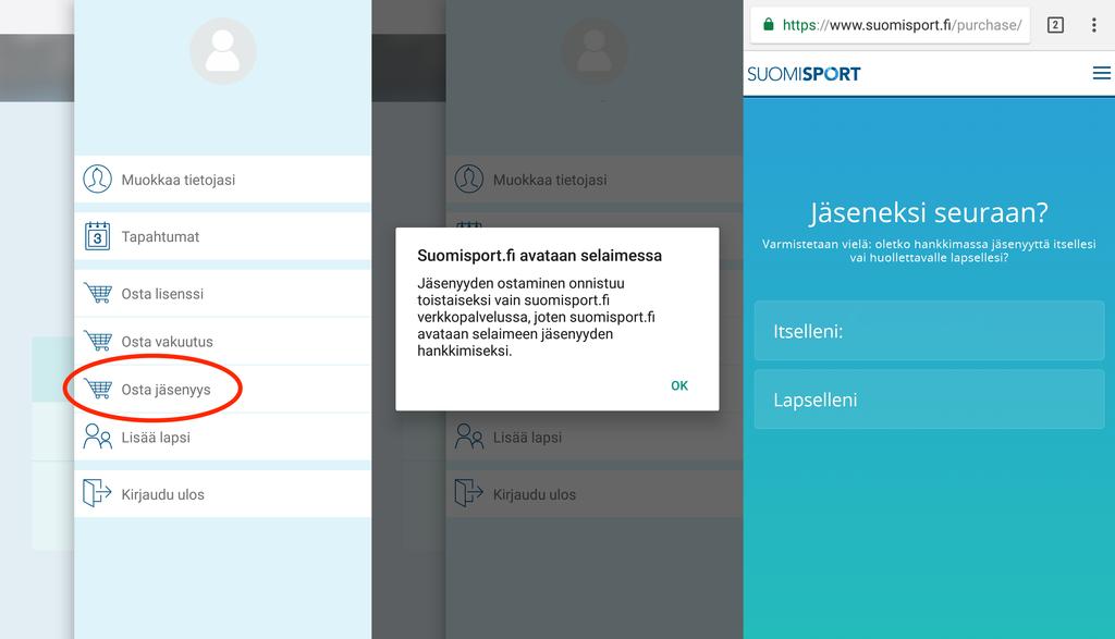 Suomisport-applikaatiossa pääset ostamaan jäsenyyden Osta jäsenyys