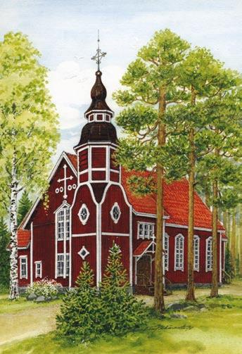 Killinkosken kirkko 90v Killinkosken kirkko, edesmenneen Killinkoskelaisen kuvittajan Marjaliisa Pitkärannan maalaamana.