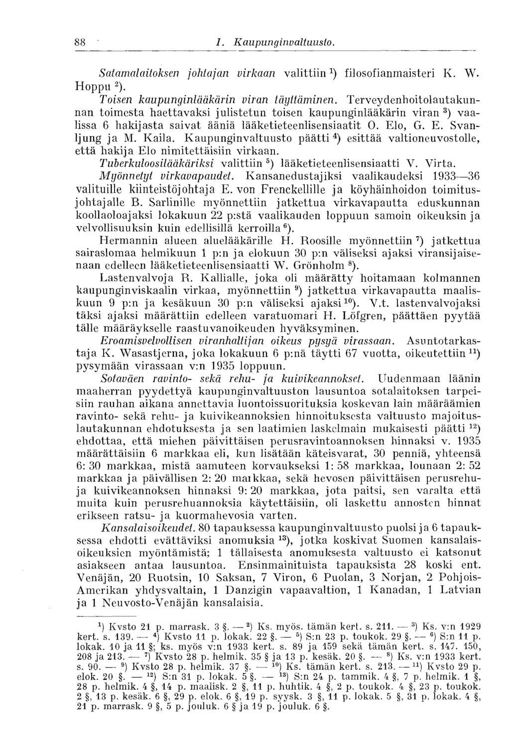 88 I. Kaupunginvaltuusto. Satamalaitoksen johtajan virkaan valittiin x ) filosofianmaisteri K. W. Hoppu 2 ). Toisen kaupunginlääkärin viran täyttäminen.