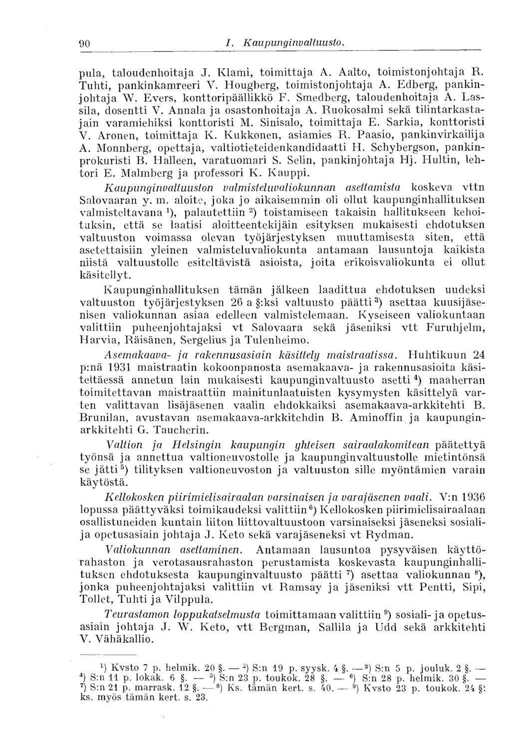 90 I. Kaupunginvaltuusto. pula, taloudenhoitaja J. Klami, toimittaja A. Aalto, toimistonjohtaja R. Tuhti, pankinkamreeri V. Hougberg, toimistonjohtaja A. Edberg, pankinjohtaja W.