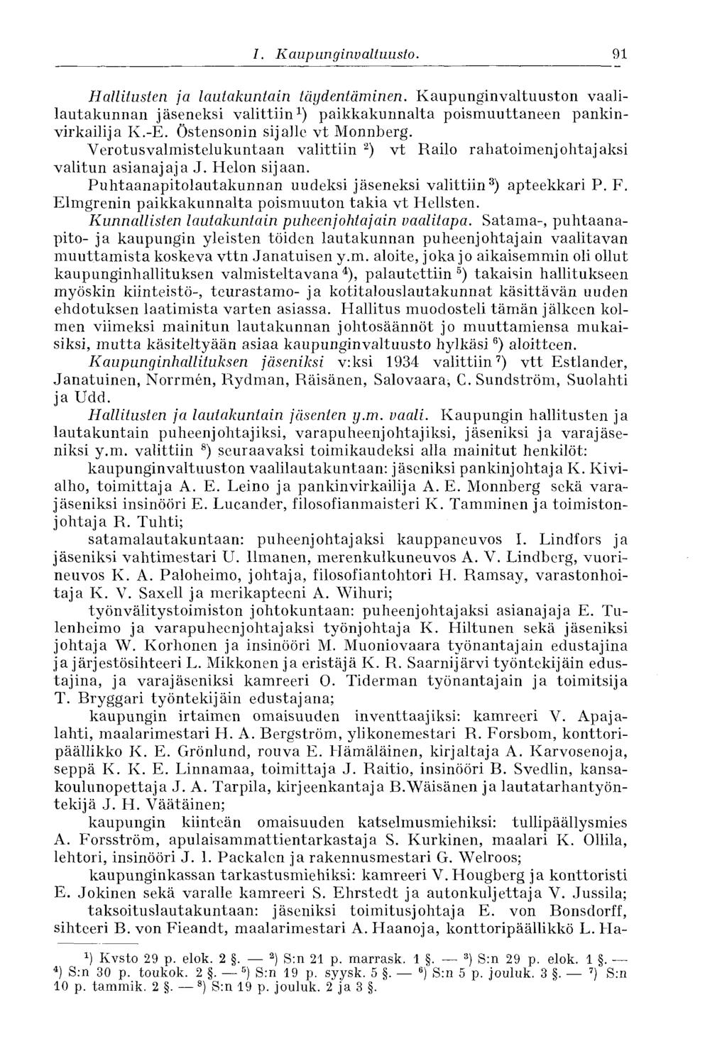 91 I. Kaupunginvaltuusto. Hallitusten ja lautakuntain täydentäminen. Kaupunginvaltuuston vaalilautakunnan jäseneksi valittiin 1 ) paikkakunnalta poismuuttaneen pankinvirkailija K.-E.