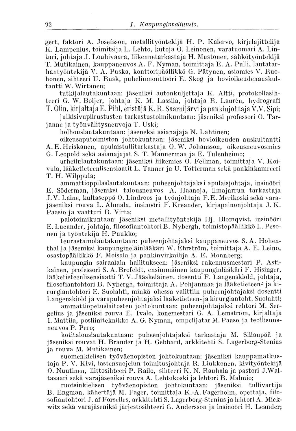 92 I. Kaupunginvaltuusto. gert, faktori A. Josefsson, metallityöntekijä H. P. Kalervo, kirjelajittelija K. Lampenius, toimitsija L. Lehto, kutoja O. Leinonen, varatuomari A. Linturi, johtaja J.