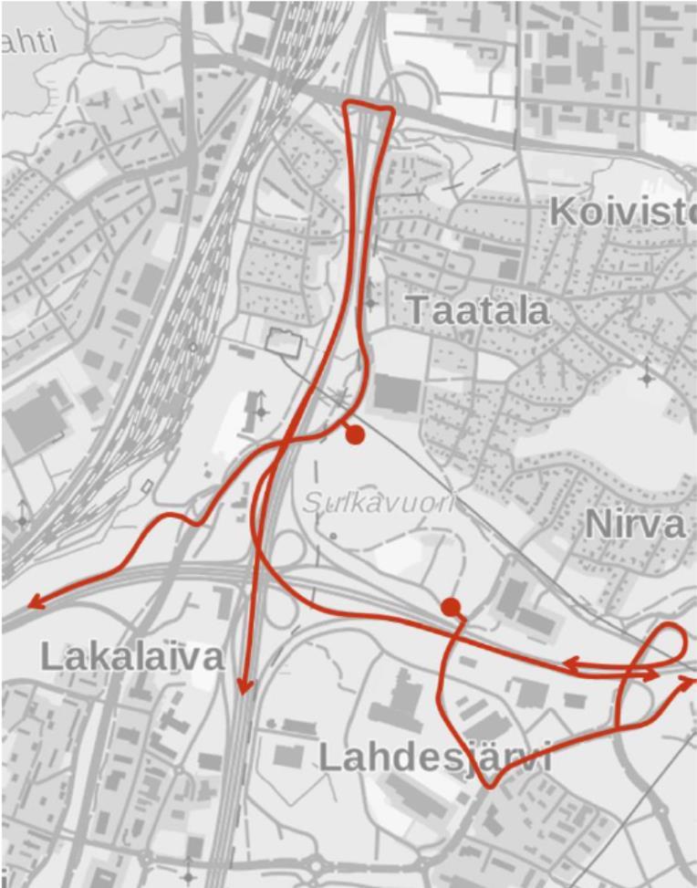 Kuva 4.2/1. Louheenajo reittejä Sulkavuoresta pääväylille. Särkijärvenkadulle rakennetaan ajoyhteys puhdistamolle nykyistä väylää ja liittymää hyödyntäen.