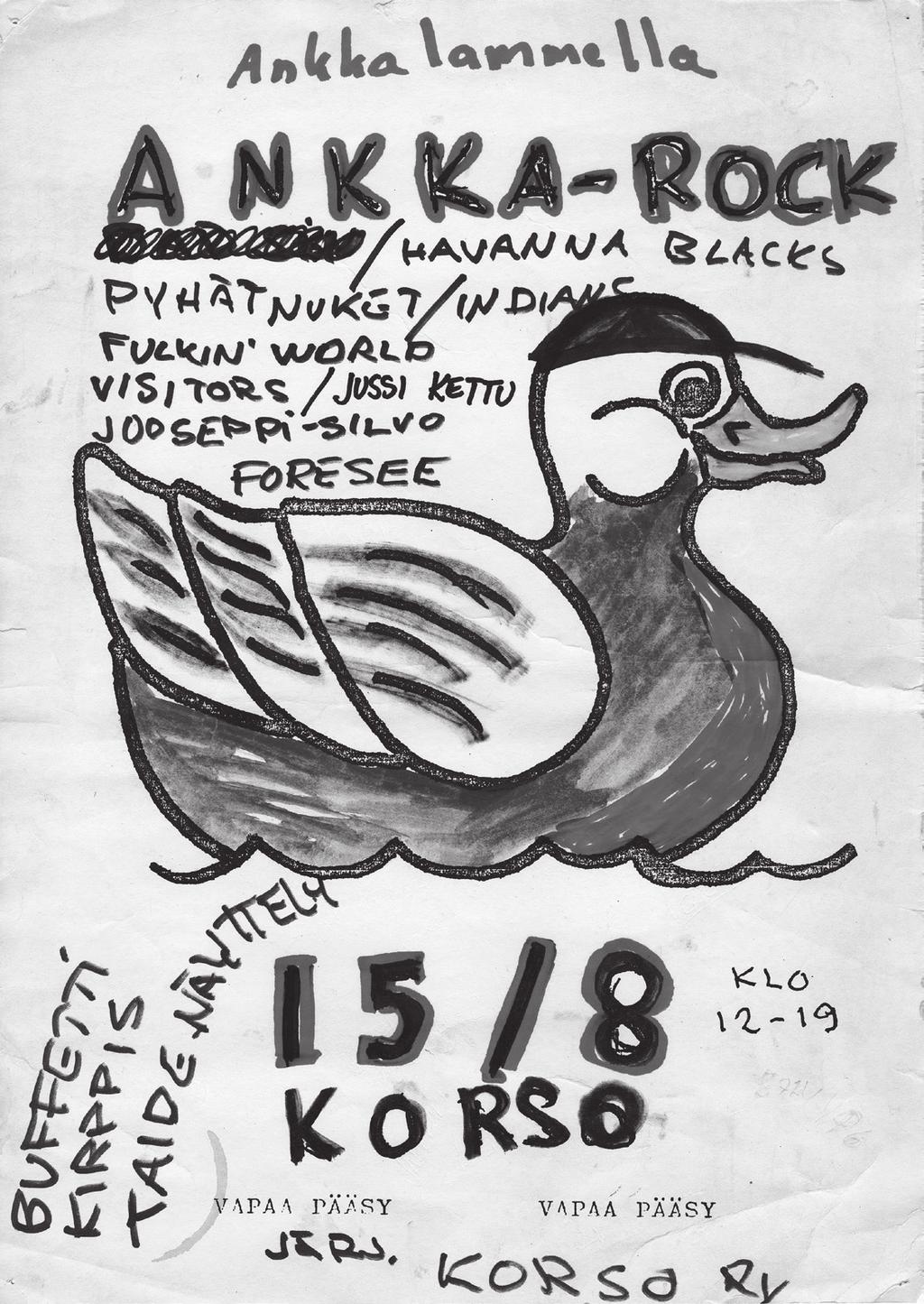 Mari Immonen KinanAnkka-Rock-juliste. Kuvateksti: Ankka-rockia järjestettiin Vantaan Korsossa aluksi talkoilla vuosina 1987 1988.