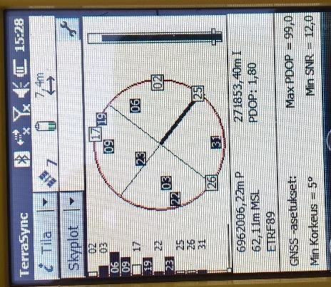 Eilen ajettu linja ei ole tänään paikallaan. Virhe on satelliittikartan mukainen eli vinossa toiseen suuntaan kuin edellisenä päivänä. Virhe on kuitenkin tasaista, jos työtehtävä ei kestä kauaa.