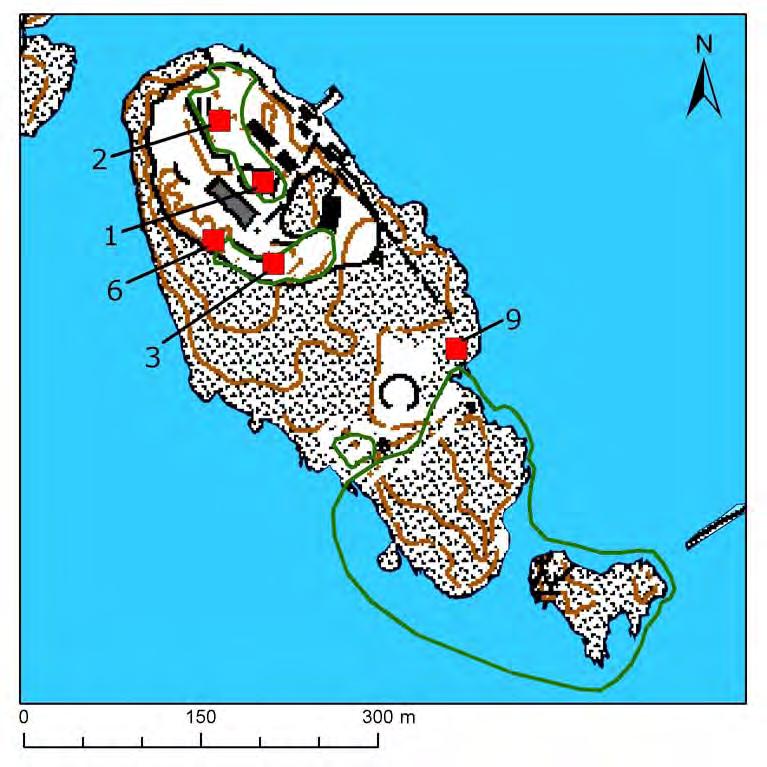 Kuva 1. Kartta seuranta-alojen sijainnista. Vanhaa seuranta-alaa 1 ei löytynyt vuonna 2010 ja se perustettiin uudestaan eri kohtaan.