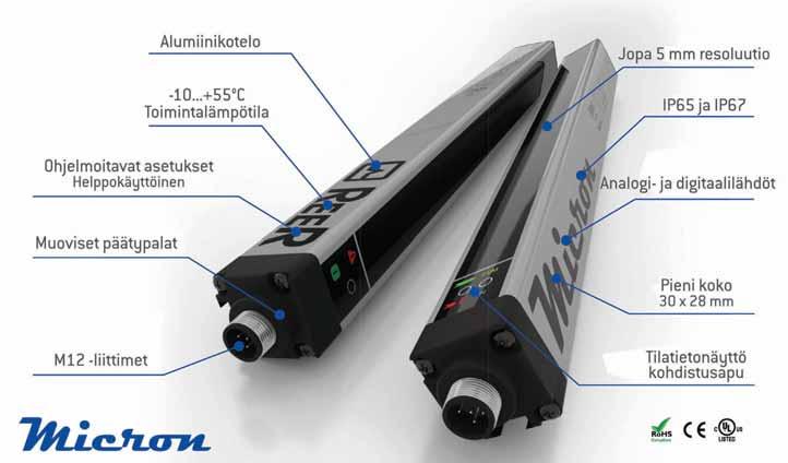 Smart Factory 2018 REER MICRON - mittaavat valoverhot nyt myös 5 mm resoluutiolla Reer Micron mittaavat valoverhot ovat suunniteltu teollisuuden sovelluksiin, joissa on tärkeää havaita, mitata ja