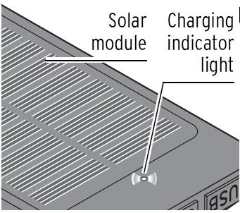 Varavirtalähteen lataaminen aurinkopaneelin kautta Aurinkopaneeli Latauksen indikaattorivalo Aurinkopaneeli Latauksen indikaattorivalo Riittävän auringonvalon ollessa saatavilla varavirtalähde