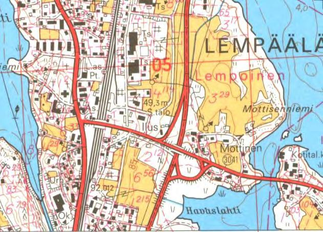Yllä ote peruskarttalehdestä vuodelta 1954, jossa
