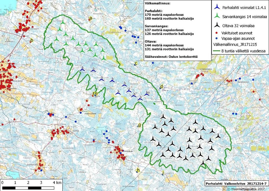 Sivu 10 / 15 4.2 Parhalahden, Sarvankankaan ja Oltavan yhteisvaikutukset Seuraavassa kuvassa on Parhalahden, Sarvankankaan ja Oltavan voimaloiden välkemallinnuksen yhteisvaikutusten tulokset. Kuva 6.