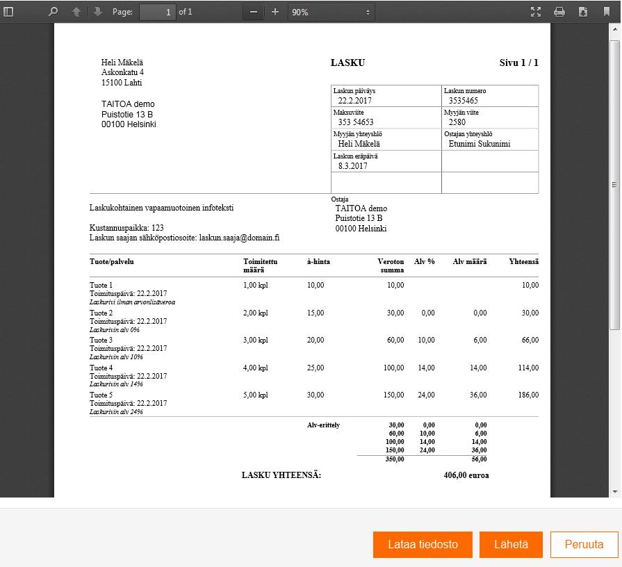 8.6.2018 22 (24) Käyttäjä voi ladata ja halutessaan tulostaa lasku-pdf:n ennen lähettämistä painamalla Lataa tiedosto painiketta, tai käyttäjä voi lähettää laskun vastaanottajalle painamalla Lähetä