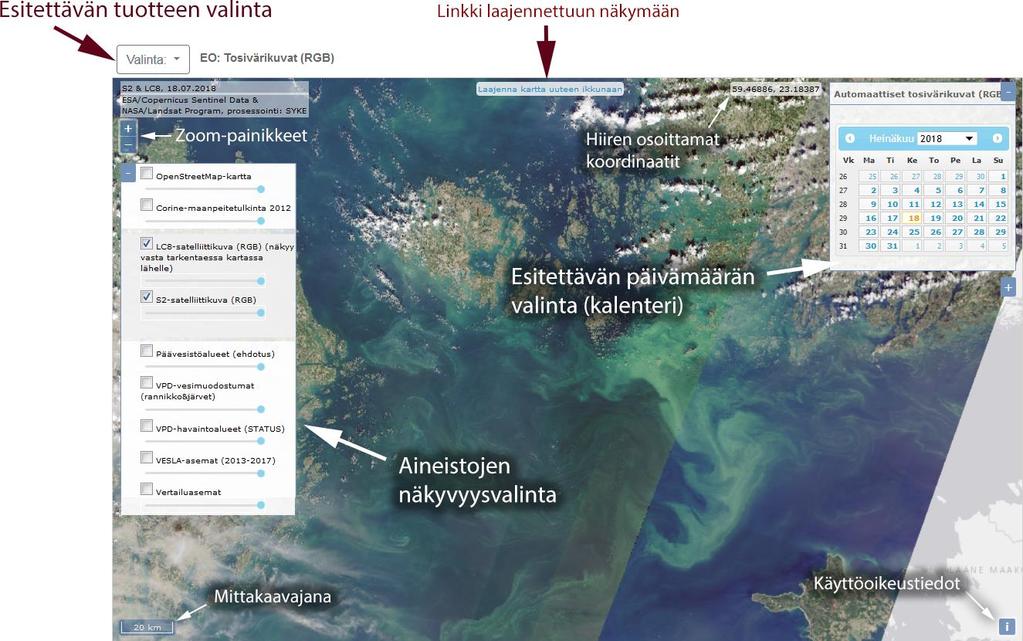 TARKKA -palvelun käyttöohjeita Karttakäyttöliittymä on suunniteltu näyttämään erityisesti tarkan maastoerotuskyvyn satelliittiaineistoja.