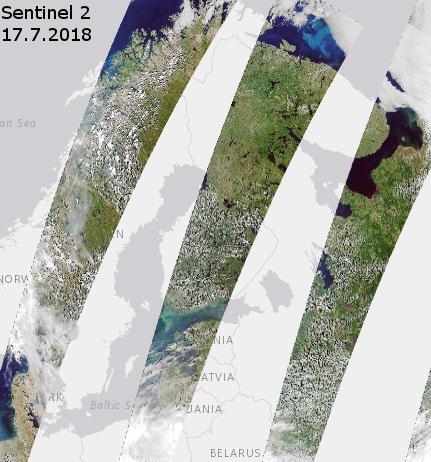 Kuva 3. Esimerkki Sentinel 2 -satelliittien kuvaamasta alueesta kahtena peräkkäisenä päivänä. Satelliitit kuvaavat 290 km levyisiä kaistaleita eri puolilta maata päivittäin.