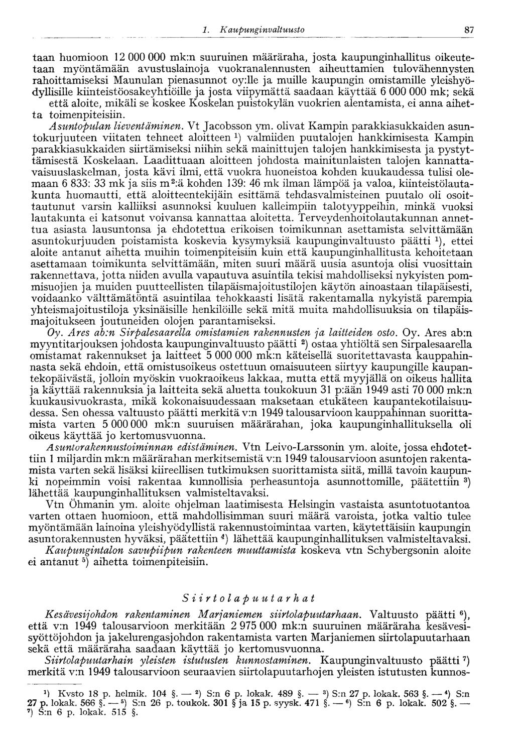 1. Kaupungi nvaltuusto 87 taan huomioon 12 000 000 mk:n suuruinen määräraha, josta kaupunginhallitus oikeutetaan myöntämään avustuslainoja vuokranalennusten aiheuttamien tulovähennysten