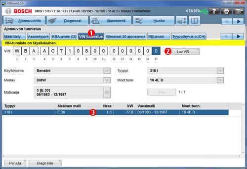 Suorita ajoneuvon tunnistus vaihtoehdolla "VIN-tunnistus" Ajoneuvon valmistenumero (VIN) on kansainvälisesti standardoitu 17-merkkinen numero, jolla ajoneuvo tunnistetaan yksiselitteisesti.